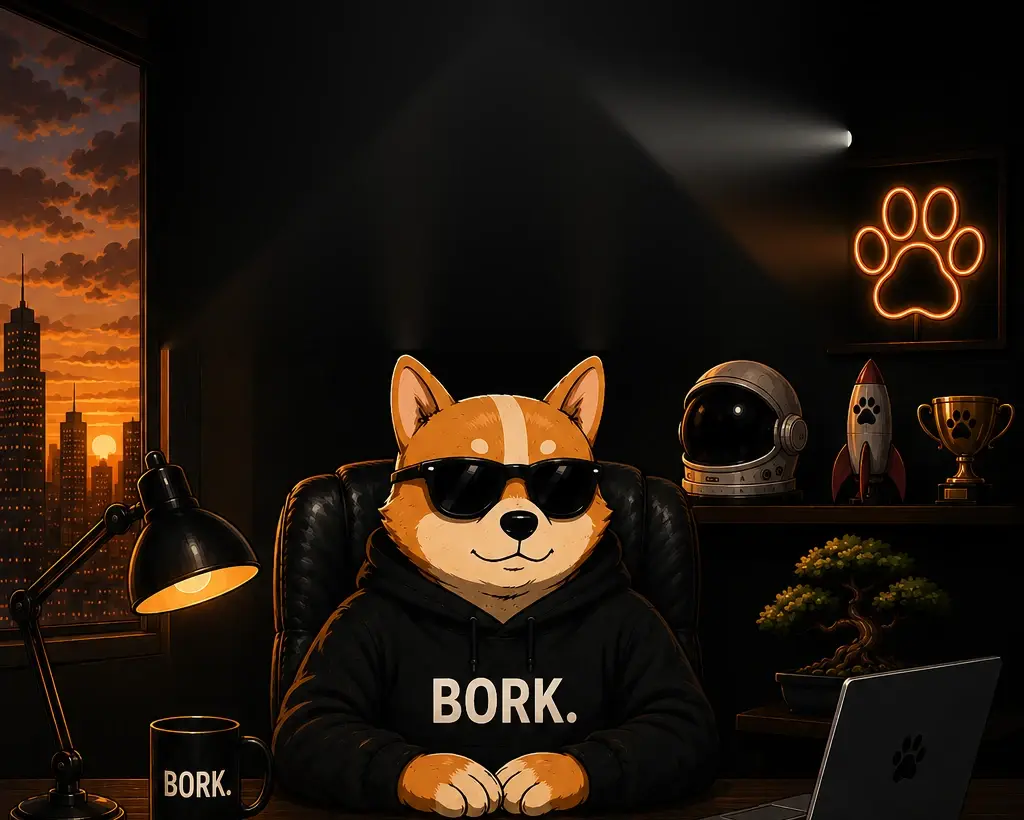 BORK the shiba inu, wearing sunglasses and a BORK hoodie, sitting behind an executive desk in a dark office at sunset with a neon paw sign, a rocket, a trophy, an astronaut helmet and a laptop