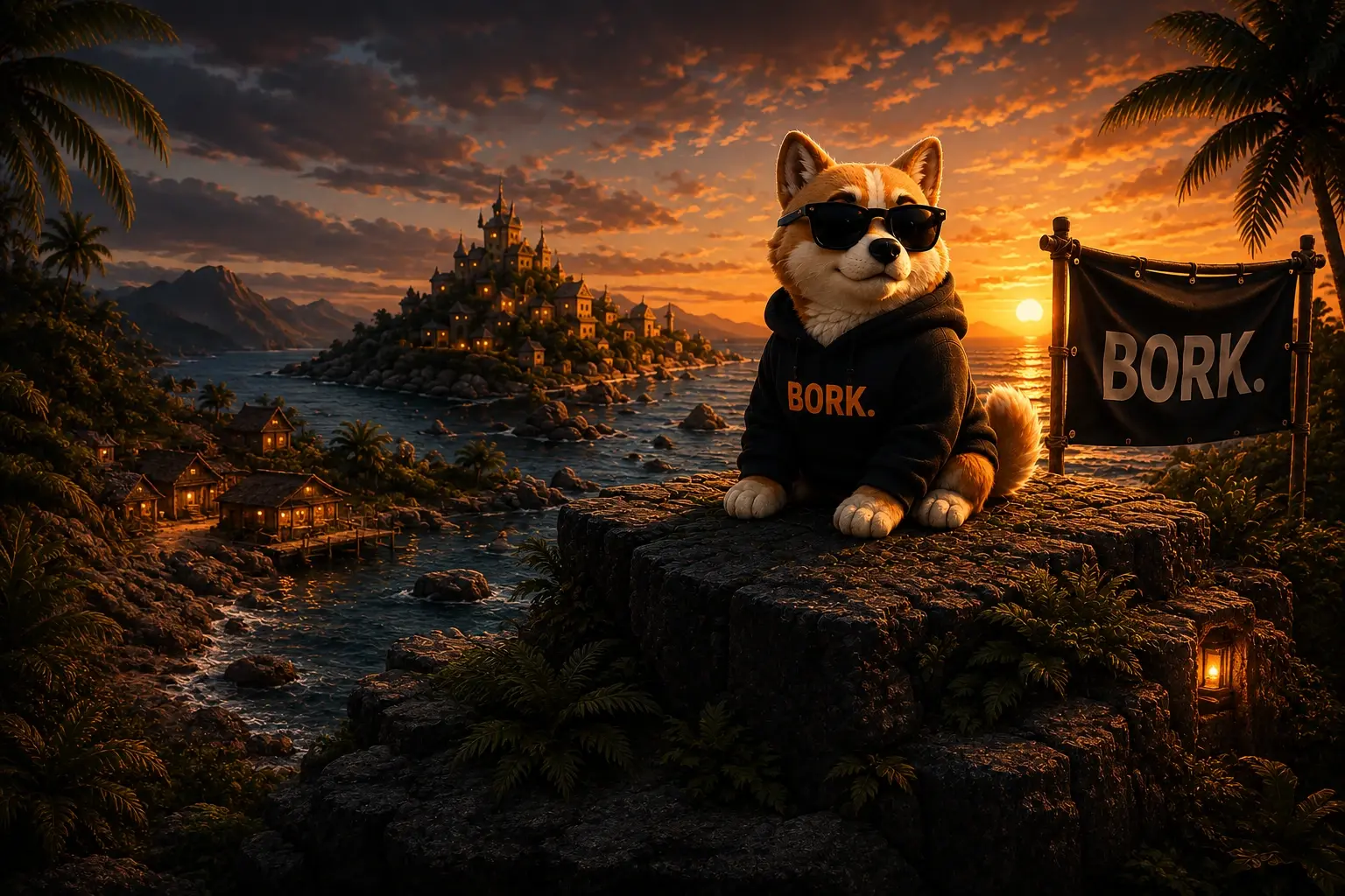 BORK the shiba inu sitting on a rock at sunset on Bork Island, with the BORK flag, a distant village and dark tropical foliage around him