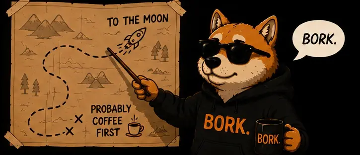 BORK pointing a stick at a treasure map marked with a dashed path to a rocket labeled TO THE MOON and a note reading PROBABLY COFFEE FIRST
