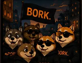 A pack of BORK dogs holding a flag over the island