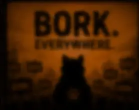 A BORK silhouette against a glowing city skyline