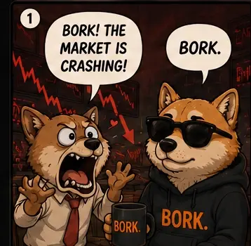 A panicked office dog shouts "Bork! The market is crashing!" while BORK, wearing sunglasses, calmly replies "Bork."