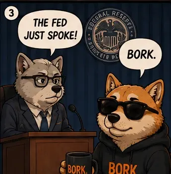 A Fed chairman dog says "The Fed just spoke!" from a podium; BORK replies "Bork."