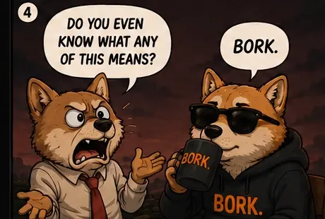 The office dog asks "Do you even know what any of this means?"; BORK replies "Bork."