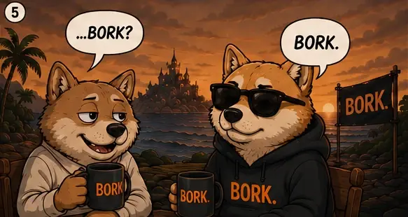 On Bork Island at sunset, the office dog asks "...Bork?" and BORK replies "Bork."
